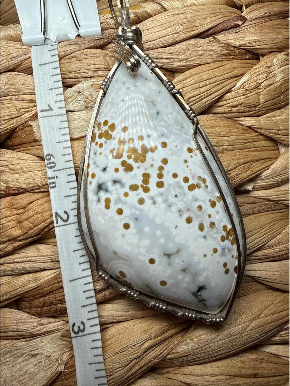Large White and Brown Ocean Jasper Pendant in Silver Frame